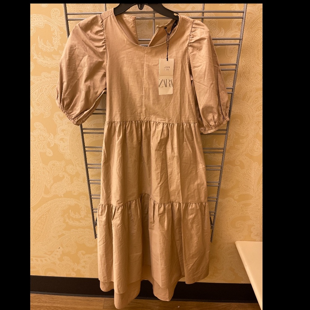 BNWT ZARA Tan Beige Puffy Short Sleeve Asymmetric Poplin Midi Dress XS